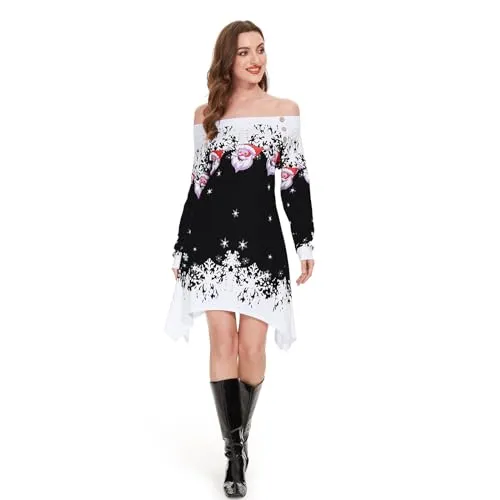 ANVIGO Vestiti di Natale Donna, Abito stampato di Natale, Abbigliamento Vatalizio Donna, Maniche lunghe con fiocchi di neve e motivi di Babbo Natale per Feste di Natale, Cene di Famiglia (L, Nero)