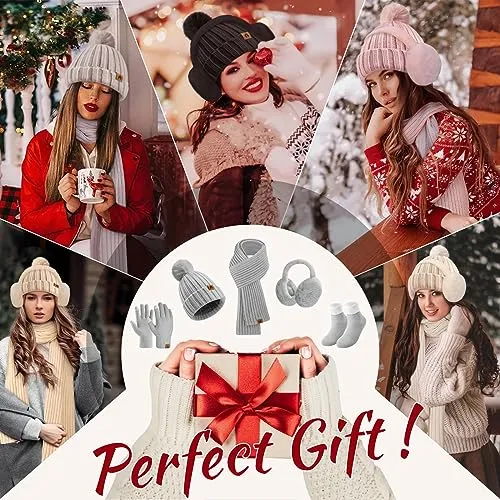 Niwicee Sciarpa Donna Invernale Cappelli Guanti Calze Set Guanti Touch Screen Invernali Winter Set Caldo Berretti Sciarpa Regalo Di Natale Plush Paraorecchie Per All'Aperto-Grigio-