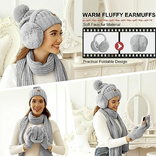 Niwicee Sciarpa Donna Invernale Cappelli Guanti Calze Set Guanti Touch Screen Invernali Winter Set Caldo Berretti Sciarpa Regalo Di Natale Plush Paraorecchie Per All'Aperto-Grigio-