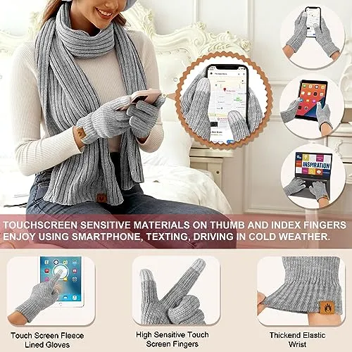 Niwicee Sciarpa Donna Invernale Cappelli Guanti Calze Set Guanti Touch Screen Invernali Winter Set Caldo Berretti Sciarpa Regalo Di Natale Plush Paraorecchie Per All'Aperto-Grigio-
