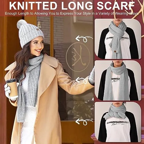 Niwicee Sciarpa Donna Invernale Cappelli Guanti Calze Set Guanti Touch Screen Invernali Winter Set Caldo Berretti Sciarpa Regalo Di Natale Plush Paraorecchie Per All'Aperto-Grigio-