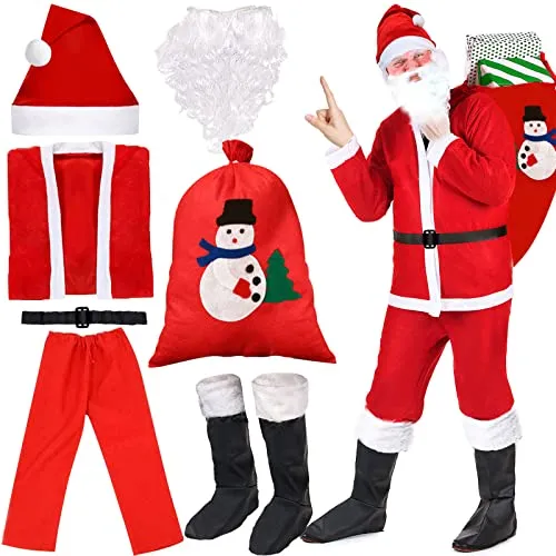LPAOIS 7 Pezzi Costume da Babbo Natale Abito da Santa Claus in Rosso Deluxe Costume Babbo Natale Uomo Adulto Costume di Natale, Set per Costume di Babbo Natale o San Nicola per Natale,Festa a Tema