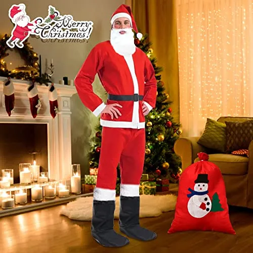 LPAOIS 7 Pezzi Costume da Babbo Natale Abito da Santa Claus in Rosso Deluxe Costume Babbo Natale Uomo Adulto Costume di Natale, Set per Costume di Babbo Natale o San Nicola per Natale,Festa a Tema