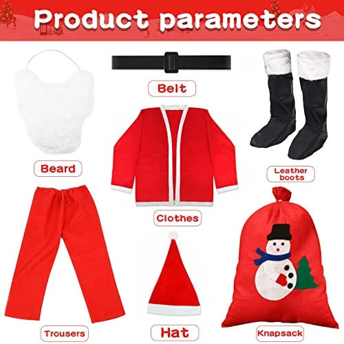 LPAOIS 7 Pezzi Costume da Babbo Natale Abito da Santa Claus in Rosso Deluxe Costume Babbo Natale Uomo Adulto Costume di Natale, Set per Costume di Babbo Natale o San Nicola per Natale,Festa a Tema