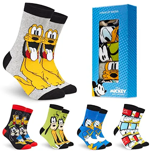 Disney Calzini Uomo - Calze Uomo Topolino Baby Yoda Pacco da 5 Calzini Uomo Divertenti 39-45 Mickey Bobba Feet Star Wars Gadget Calzini Uomo Confezione Regalo (Multi Goofy)