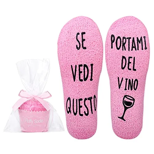 Merclix Calze Vino Donna Divertenti Invernali per Casa con Calda Imbottitura, Suola Antiscivolo Regalo, Mamma, Migliore Amica, per Compleanno, Natale, San Valentino
