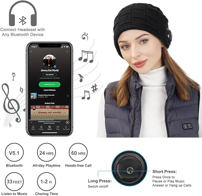 Loowoko Cappello Bluetooth Uomo Donna,Idee Regalo Natale Invernali,Berretto Bluetooth 5.1 Musica Cappello con Cuffie Stereo e Microfono Viva Voce,Cappello Invernale per Gli Sport all'Aria