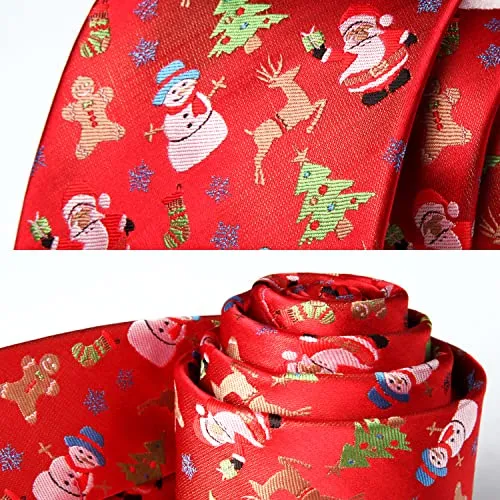 HISDERN Uomo Cravatta natalizia Tree Elk Snowman Babbo Natale Pattern Festa tessuta Cravatta e fazzoletto