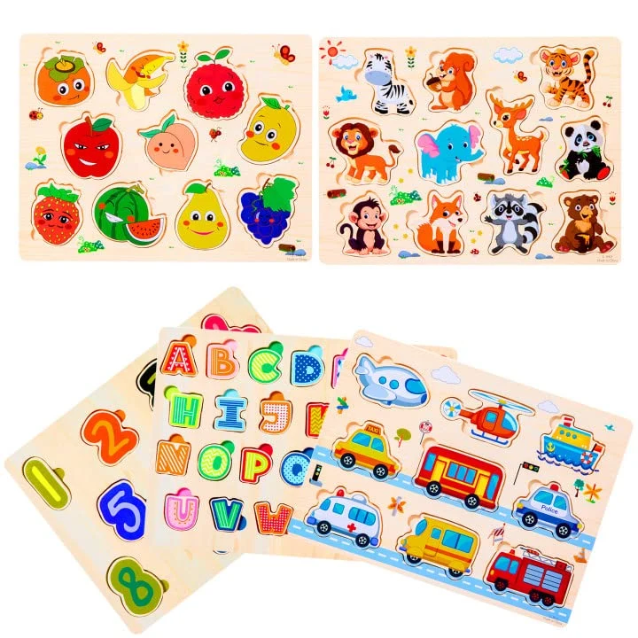 Purpledi 5 Pezzi Puzzle in Legno per i Bambini, Giochi Montessori Bambino, Educativo Giocattoli Regalo per 1 2 3 Anni, Animali Frutta Forme Lettere Numeri Traffico, Regalo Natale Ragazzi Ragazze