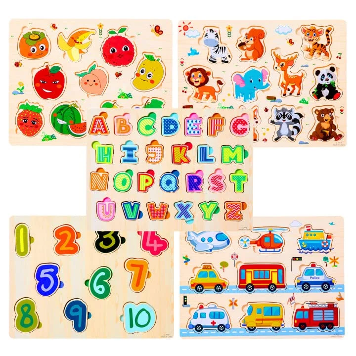 Purpledi 5 Pezzi Puzzle in Legno per i Bambini, Giochi Montessori Bambino, Educativo Giocattoli Regalo per 1 2 3 Anni, Animali Frutta Forme Lettere Numeri Traffico, Regalo Natale Ragazzi Ragazze