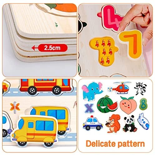 Purpledi 5 Pezzi Puzzle in Legno per i Bambini, Giochi Montessori Bambino, Educativo Giocattoli Regalo per 1 2 3 Anni, Animali Frutta Forme Lettere Numeri Traffico, Regalo Natale Ragazzi Ragazze