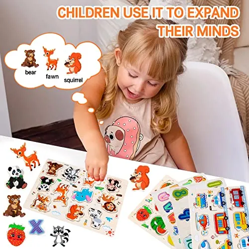 Purpledi 5 Pezzi Puzzle in Legno per i Bambini, Giochi Montessori Bambino, Educativo Giocattoli Regalo per 1 2 3 Anni, Animali Frutta Forme Lettere Numeri Traffico, Regalo Natale Ragazzi Ragazze