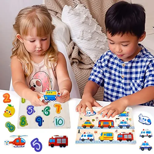 Purpledi 5 Pezzi Puzzle in Legno per i Bambini, Giochi Montessori Bambino, Educativo Giocattoli Regalo per 1 2 3 Anni, Animali Frutta Forme Lettere Numeri Traffico, Regalo Natale Ragazzi Ragazze