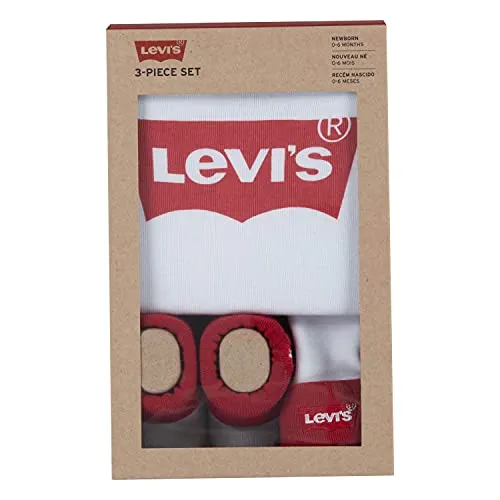 Levi's Classic Batwing Infant Hat Bodysuit Bootie Set, 3Pc Bimbo, White, 0-6 Mesi