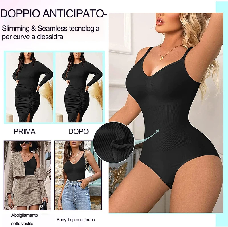 Gotoly Body Modellante Donna Shapewear Body Contenitivo Modellante Spallino Regolabile Intimo Snellente Shaper Pancia Piatta Dimagrante Shaping Bodysuit Bustier Seamless Fajas (M/L, Nero)