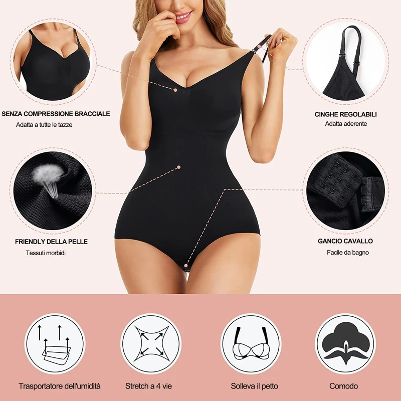 Gotoly Body Modellante Donna Shapewear Body Contenitivo Modellante Spallino Regolabile Intimo Snellente Shaper Pancia Piatta Dimagrante Shaping Bodysuit Bustier Seamless Fajas (M/L, Nero)