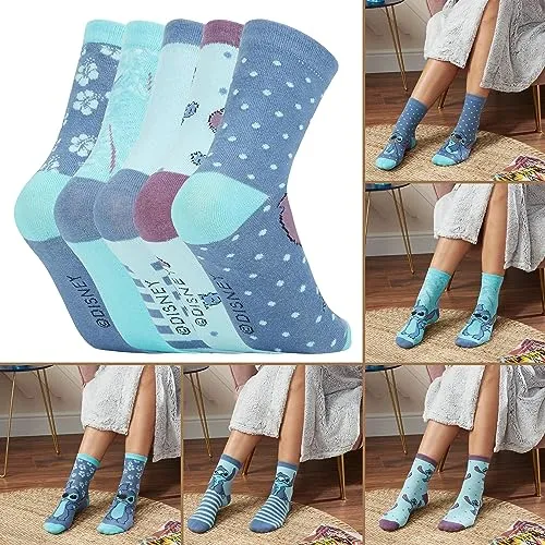 Disney Calzini Donna Stitch 5 Paia di Calze Divertenti a Fantasia Ih Oh Baby Yoda Principesse Crudelia Taglia Unica Gadget Regalo Ufficiale (Blu Stitch)