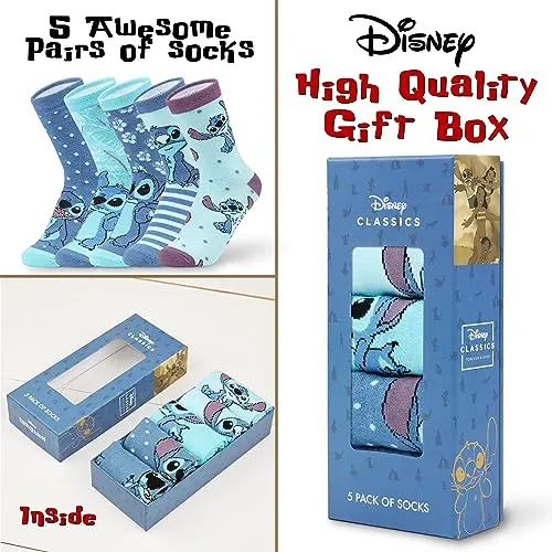 Disney Calzini Donna Stitch 5 Paia di Calze Divertenti a Fantasia Ih Oh Baby Yoda Principesse Crudelia Taglia Unica Gadget Regalo Ufficiale (Blu Stitch)