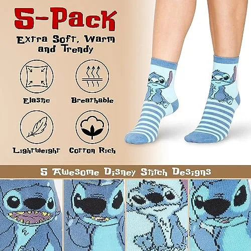 Disney Calzini Donna Stitch 5 Paia di Calze Divertenti a Fantasia Ih Oh Baby Yoda Principesse Crudelia Taglia Unica Gadget Regalo Ufficiale (Blu Stitch)