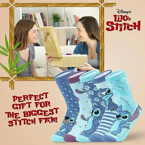 Disney Calzini Donna Stitch 5 Paia di Calze Divertenti a Fantasia Ih Oh Baby Yoda Principesse Crudelia Taglia Unica Gadget Regalo Ufficiale (Blu Stitch)