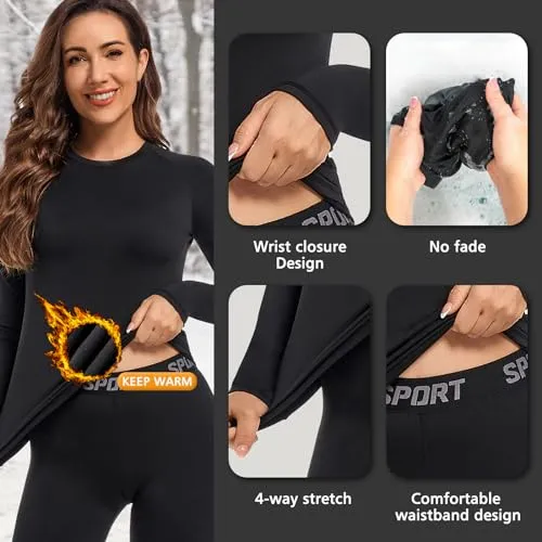 Hyeek Intimo Termico Donna Invernale, Attivo Caldo Manica Lunga Maglia Termica e Pantaloni - Completo Tuta Termica Funzionale Set Termico Donna per Sci Ciclismo Corsa Allenamento (1.Nero, S)