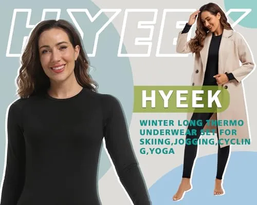 Hyeek Intimo Termico Donna Invernale, Attivo Caldo Manica Lunga Maglia Termica e Pantaloni - Completo Tuta Termica Funzionale Set Termico Donna per Sci Ciclismo Corsa Allenamento (1.Nero, S)