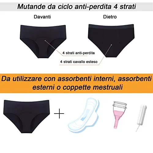 FOTOOL Mutande Mestruali Assorbenti = 4 tamponi Donna Cotone Slip Ciclo Protettive Periodico Intima Mestruale Ecologico con 4 Strati Anti perdite Lavabili (1 Pack,M)