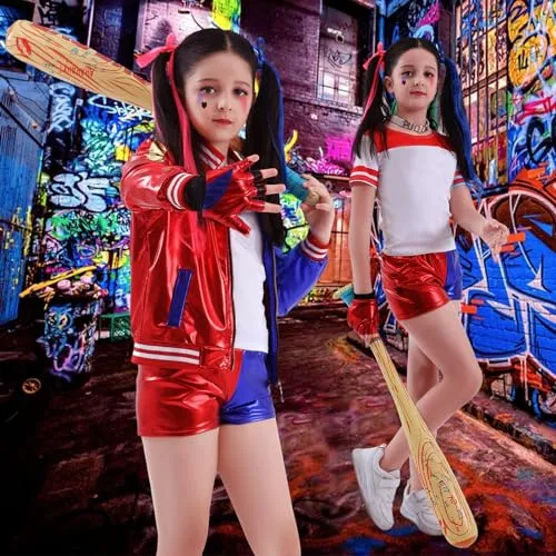 Forfamy Costume Halloween Bambina, Harley Queen Cosplay Outfit con Gonfiabile Mazza da Baseball Giacca Maglietta Pantaloncini Guanto Collana e Parrucca per Carnevale Halloween (140)