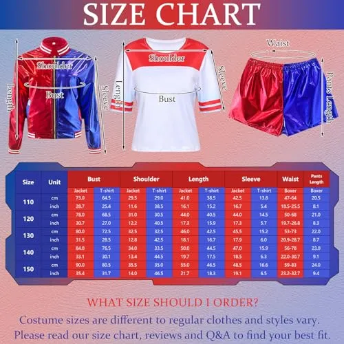 Forfamy Costume Halloween Bambina, Harley Queen Cosplay Outfit con Gonfiabile Mazza da Baseball Giacca Maglietta Pantaloncini Guanto Collana e Parrucca per Carnevale Halloween (140)