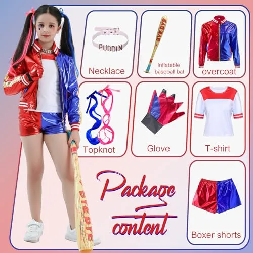 Forfamy Costume Halloween Bambina, Harley Queen Cosplay Outfit con Gonfiabile Mazza da Baseball Giacca Maglietta Pantaloncini Guanto Collana e Parrucca per Carnevale Halloween (140)