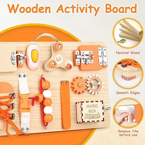 Joyreal Pannello Sensoriale Bambini Montessori - Busy Board Giochi Legno Montessori 1 2 3 Anni con Specchio Neonati Giocattoli Giochi Educativi Regalo per Bambini
