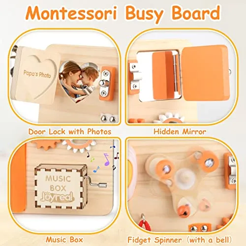 Joyreal Pannello Sensoriale Bambini Montessori - Busy Board Giochi Legno Montessori 1 2 3 Anni con Specchio Neonati Giocattoli Giochi Educativi Regalo per Bambini