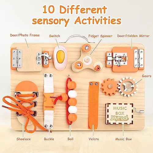 Joyreal Pannello Sensoriale Bambini Montessori - Busy Board Giochi Legno Montessori 1 2 3 Anni con Specchio Neonati Giocattoli Giochi Educativi Regalo per Bambini