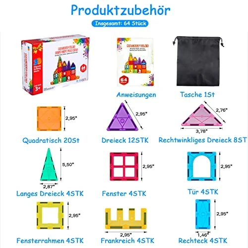 Katiago Costruzioni Magnetici 64 Pezzi 3D Educativo Blocchi Magneti Set Giocattoli per Bambini STEMS Creatività Montessori per 3+ Anni Ragazzi