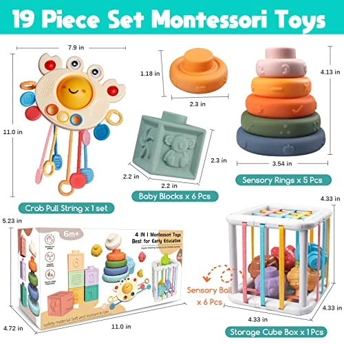 Aliex Giochi Montessori Neonato 6 Mesi - 3 Anno, 4 in 1 Gioco | Forme Sensoriali | Cubi impilabili | Giochini Regalo Bambino e Bambina 6 9 12 Mesi 1 2 3 Anno