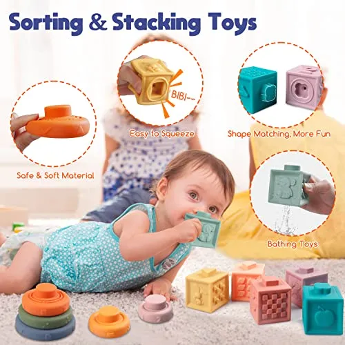 Aliex Giochi Montessori Neonato 6 Mesi - 3 Anno, 4 in 1 Gioco | Forme Sensoriali | Cubi impilabili | Giochini Regalo Bambino e Bambina 6 9 12 Mesi 1 2 3 Anno