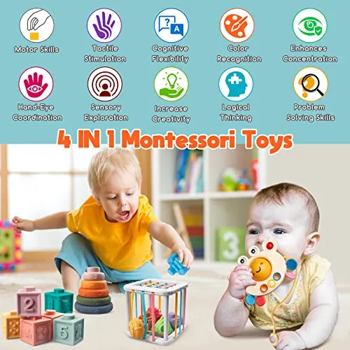 Aliex Giochi Montessori Neonato 6 Mesi - 3 Anno, 4 in 1 Gioco | Forme Sensoriali | Cubi impilabili | Giochini Regalo Bambino e Bambina 6 9 12 Mesi 1 2 3 Anno