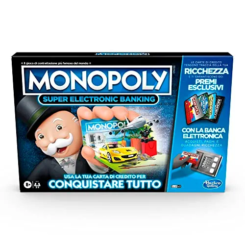 Hasbro Monopoly Super Electronic Banking, Gioco in Scatola, Variante con Carte di Credito e Spazi Aerei, Include Lettore Elettronico Hasbro Gaming, per Famiglie e Bambini da 8 Anni in su