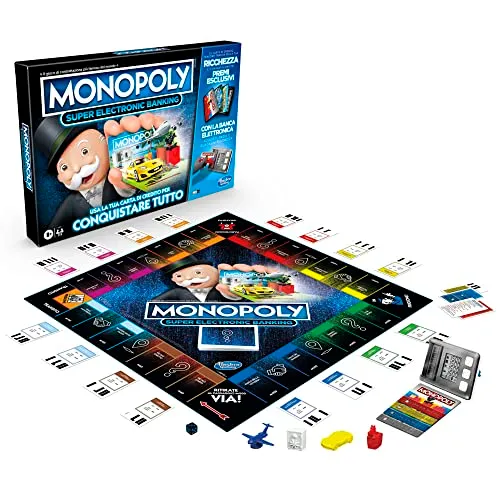 Hasbro Monopoly Super Electronic Banking, Gioco in Scatola, Variante con Carte di Credito e Spazi Aerei, Include Lettore Elettronico Hasbro Gaming, per Famiglie e Bambini da 8 Anni in su