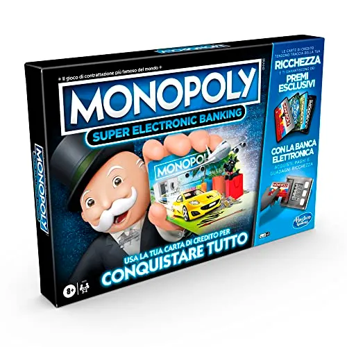 Hasbro Monopoly Super Electronic Banking, Gioco in Scatola, Variante con Carte di Credito e Spazi Aerei, Include Lettore Elettronico Hasbro Gaming, per Famiglie e Bambini da 8 Anni in su