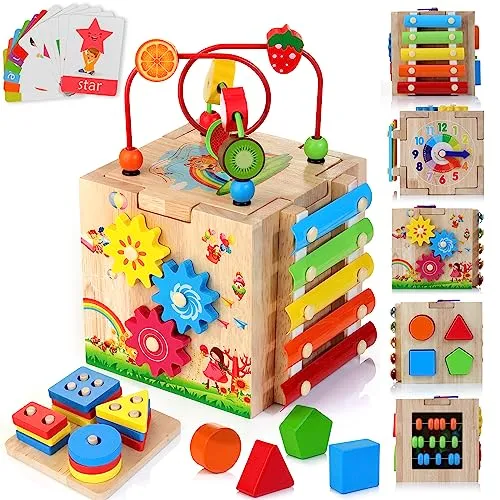 HELLOWOOD Cubo di Abilità Motorie in Legno per Bambini 8 in 1 Giocattoli di Impilabile Smistamento Giocattoli di Apprendimento Montessori per Ragazzi e Ragazze di 1 2 3 Anni