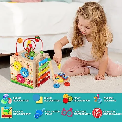 HELLOWOOD Cubo di Abilità Motorie in Legno per Bambini 8 in 1 Giocattoli di Impilabile Smistamento Giocattoli di Apprendimento Montessori per Ragazzi e Ragazze di 1 2 3 Anni