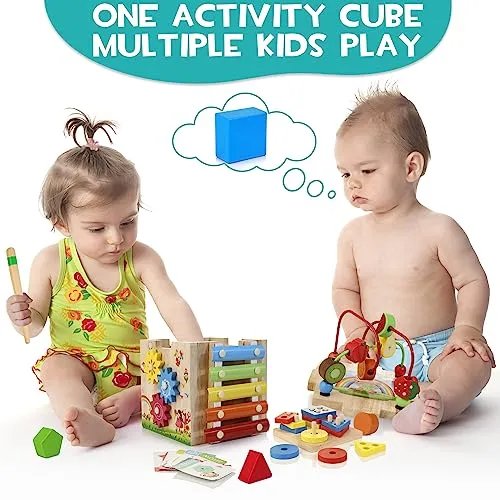 HELLOWOOD Cubo di Abilità Motorie in Legno per Bambini 8 in 1 Giocattoli di Impilabile Smistamento Giocattoli di Apprendimento Montessori per Ragazzi e Ragazze di 1 2 3 Anni