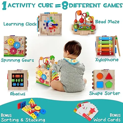 HELLOWOOD Cubo di Abilità Motorie in Legno per Bambini 8 in 1 Giocattoli di Impilabile Smistamento Giocattoli di Apprendimento Montessori per Ragazzi e Ragazze di 1 2 3 Anni