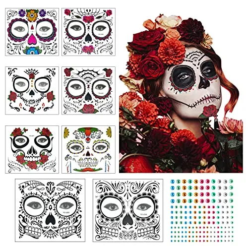ZERHOK Halloween Tatuaggi di Faccia,8 PCS Halloween Tatuaggi Temporanei Moda Decorazione Festa a Tema Halloween Festa in Festa di Trucco