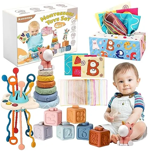 Auezona Giochi Montessori 6-9 Mesi, 4 in 1, Neonati, Bambini con UFO, Giocattoli Blocchi di Costruzione Impilabili 3 6 9 12 Mesi 1 2 3 Anno