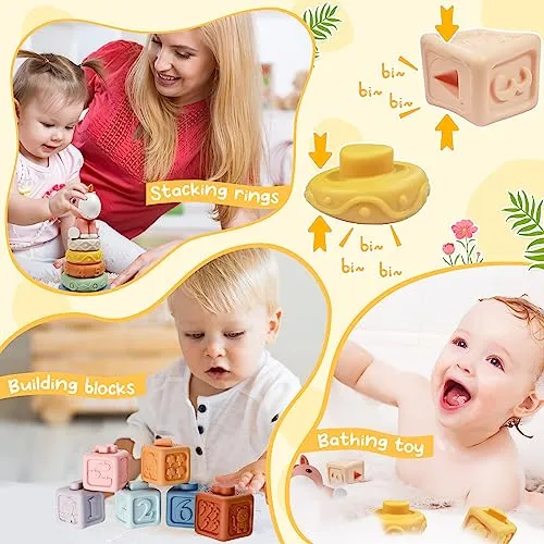 Auezona Giochi Montessori 6-9 Mesi, 4 in 1, Neonati, Bambini con UFO, Giocattoli Blocchi di Costruzione Impilabili 3 6 9 12 Mesi 1 2 3 Anno