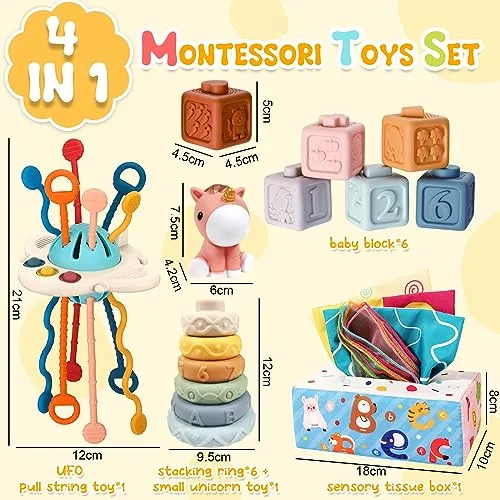 Auezona Giochi Montessori 6-9 Mesi, 4 in 1, Neonati, Bambini con UFO, Giocattoli Blocchi di Costruzione Impilabili 3 6 9 12 Mesi 1 2 3 Anno