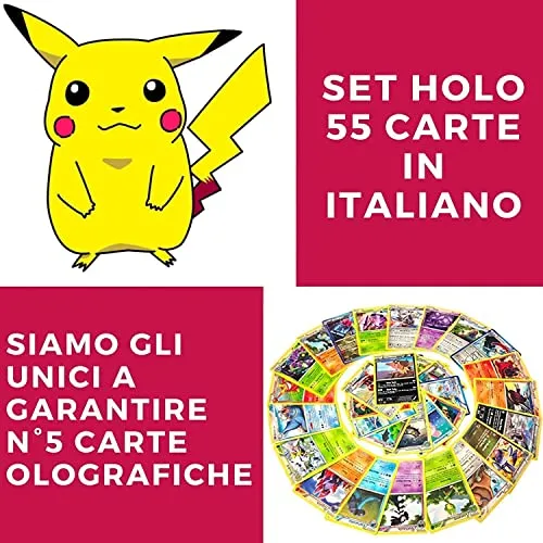 CardGame CSV Set Holo - 50 Carte pokemon Italiano originali + 5 carte speciali (Luccicanti) in 3 sleeve protettive Zero Doppie