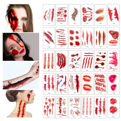 FURTIME Halloween Sangue Finto, 60ml Sangue Artificiale Fresco, 60ml Sangue Finto Rosso Scuro, Denti da Zombi, 30 Tatuaggi Temporanei per Cicatrici, Trucco per Cicatrici da Vampiro di Halloween